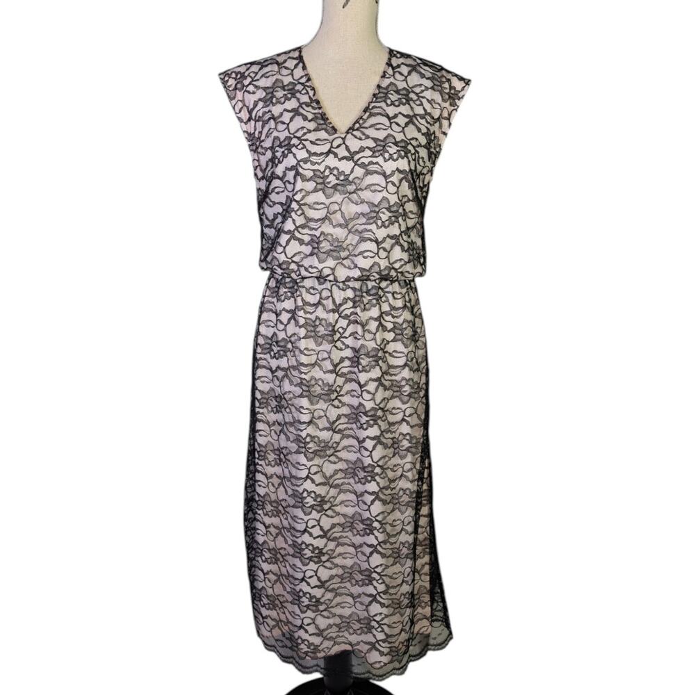 Vintage 90s Black Lace Overlay Dress Pink Slip Sheer Goth Romantic Midi